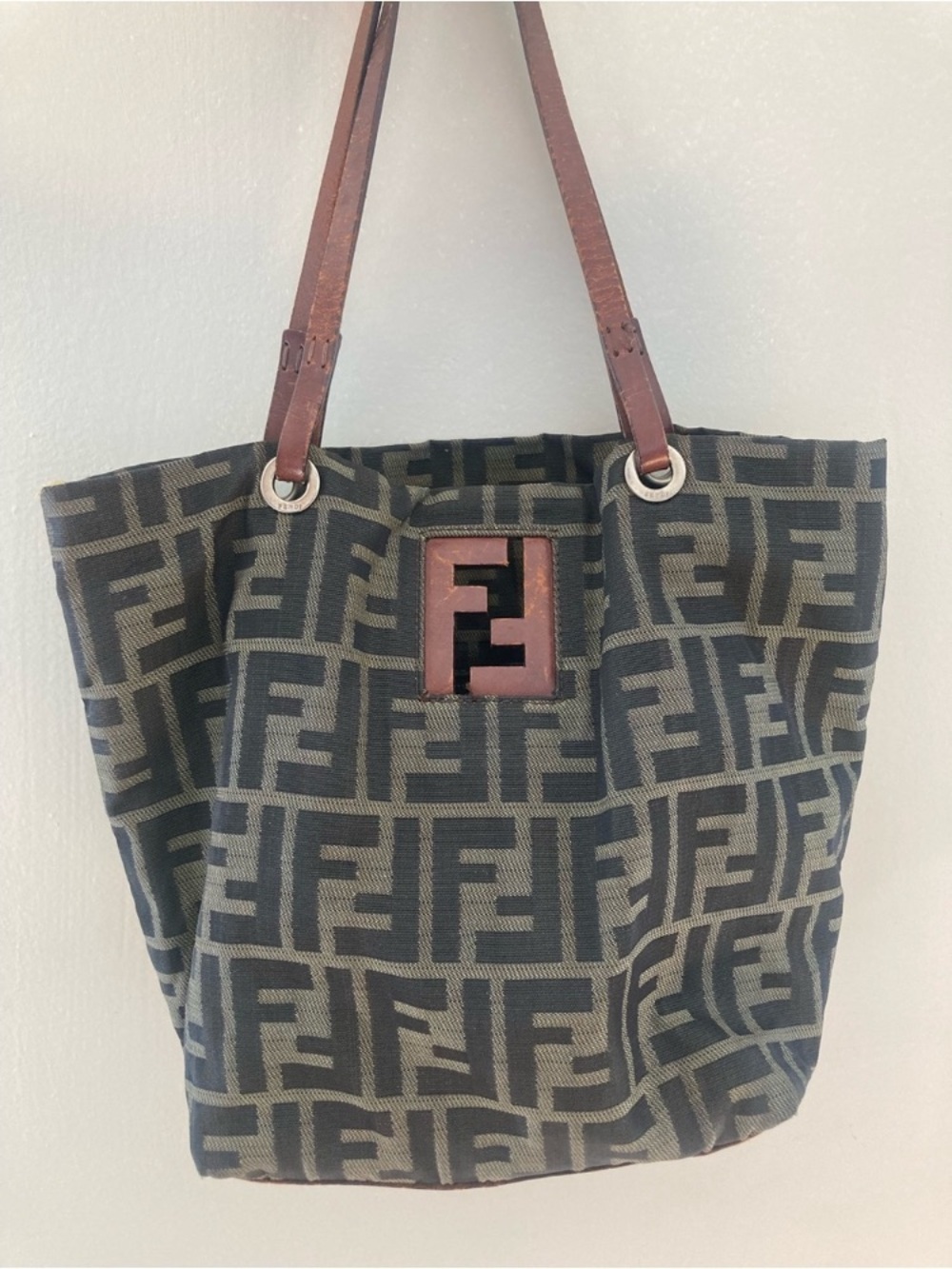 Fendi Zucca FF Canvas Tote in Black and Gray with Brown Leather Straps